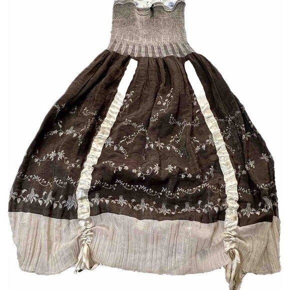 Lapis Strapless Dress Beige & Brown Floral Pattern One Size Fairy Boho Ethereal - Picture 6 of 10